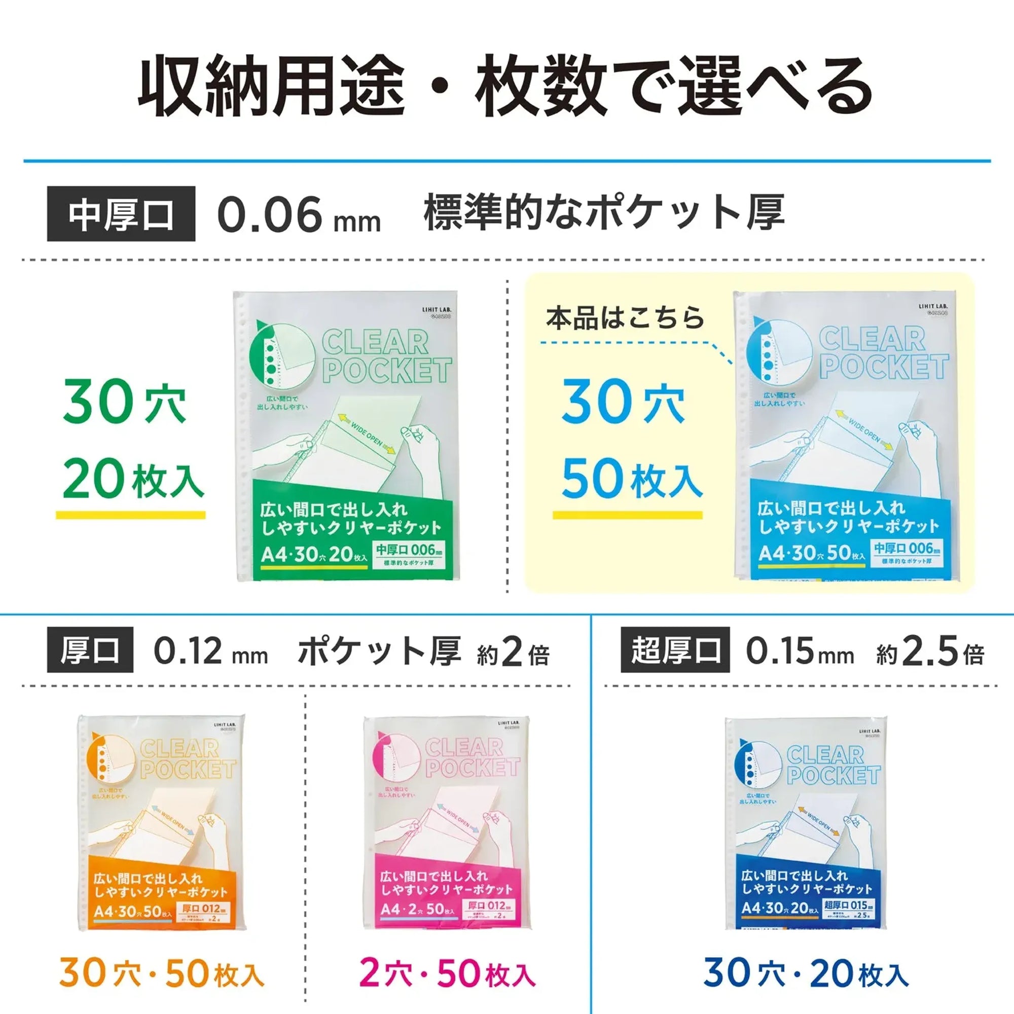 【10個セット】リクエスト 広い間口で出し入れしやすいクリヤーポケット　Ａ４・３０穴（生地厚０．０６ｍｍ）　中厚口・５０枚パック G49240 画像06